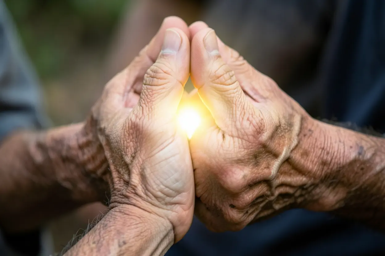 Mãos unidas em oração, simbolizando fé e busca pela cura.