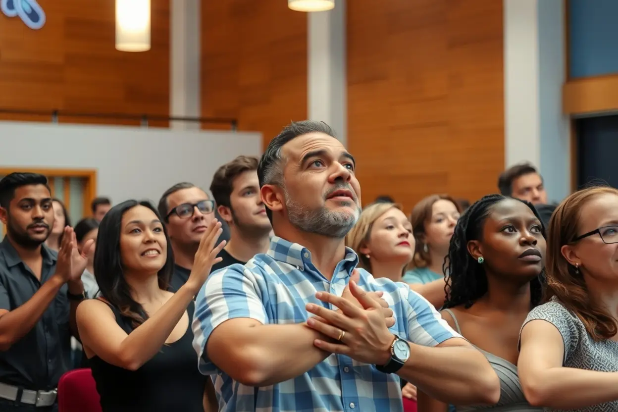 Pessoas em adoração e serviço, refletindo a santidade de Deus.