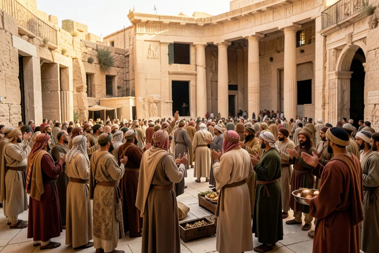 Israelitas adorando no Templo de Jerusalém.