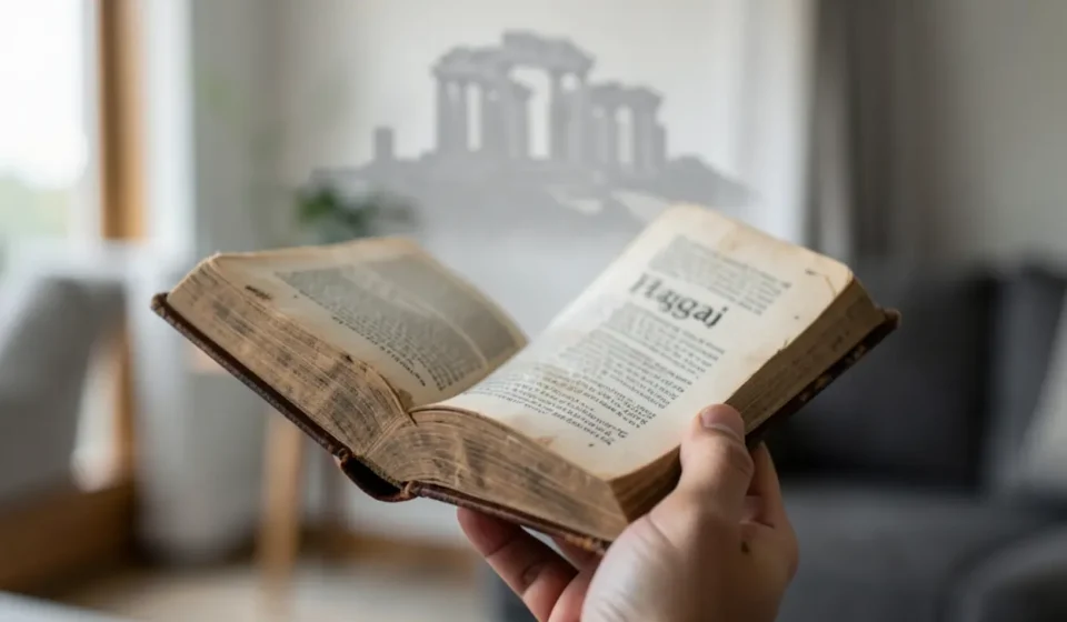 Mão segurando Bíblia aberta em Ageu 1:4