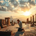 Homem orando em ruínas com cidade ao fundo, ilustrando Ageu 1:9.