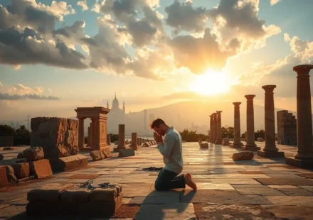 Homem orando em ruínas com cidade ao fundo, ilustrando Ageu 1:9.