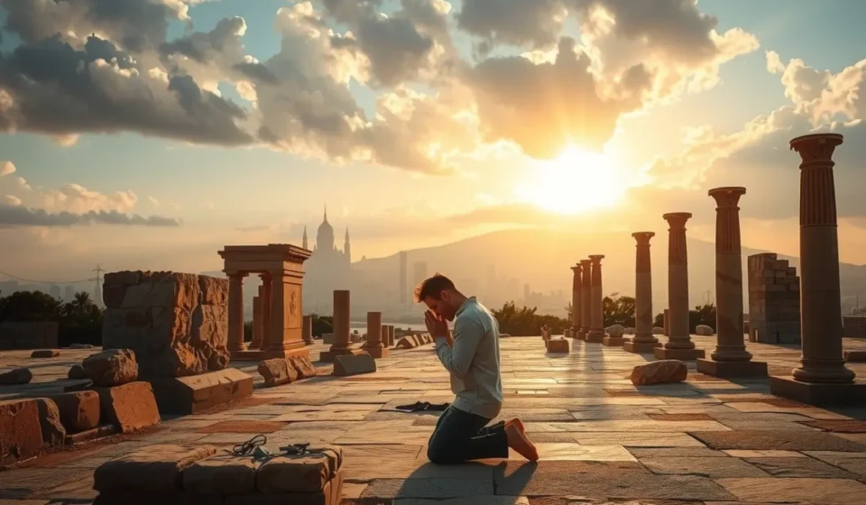 Homem orando em ruínas com cidade ao fundo, ilustrando Ageu 1:9.