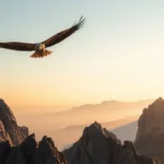 Águia voando sobre montanhas rochosas, cidade fortificada ao fundo.