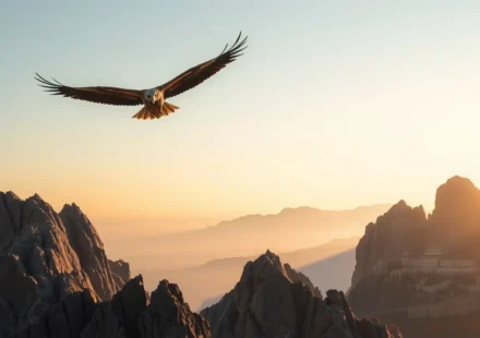 Águia voando sobre montanhas rochosas, cidade fortificada ao fundo.