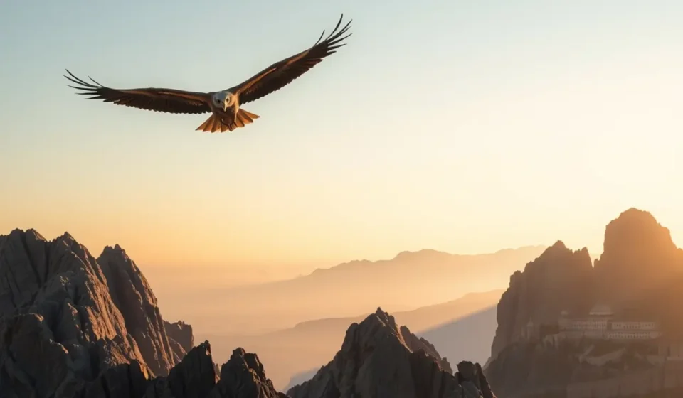 Águia voando sobre montanhas rochosas, cidade fortificada ao fundo.