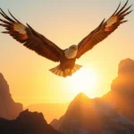 Águia majestosa voando ao amanhecer, representando a renovação de forças.