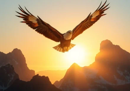 Águia majestosa voando ao amanhecer, representando a renovação de forças.