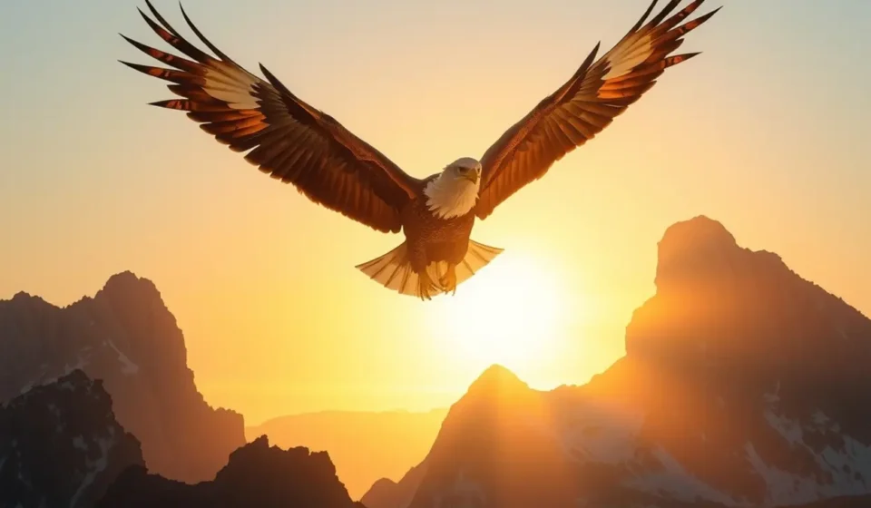 Águia majestosa voando ao amanhecer, representando a renovação de forças.