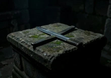 Altar de pedra com espada, simbolizando a justiça bíblica.