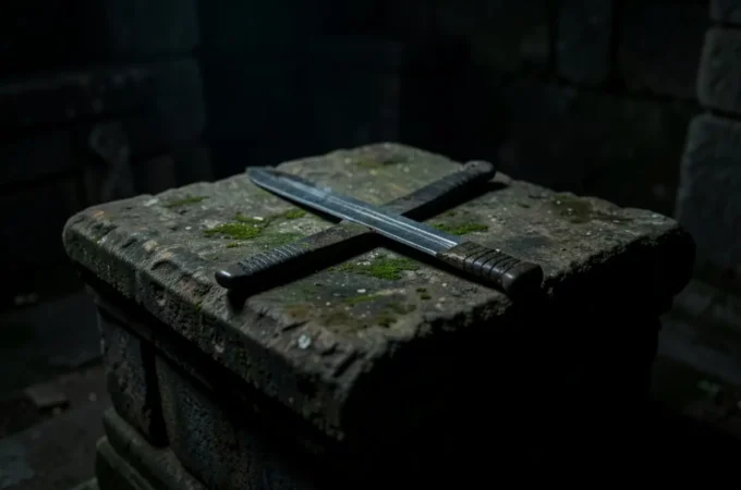 Altar de pedra com espada, simbolizando a justiça bíblica.