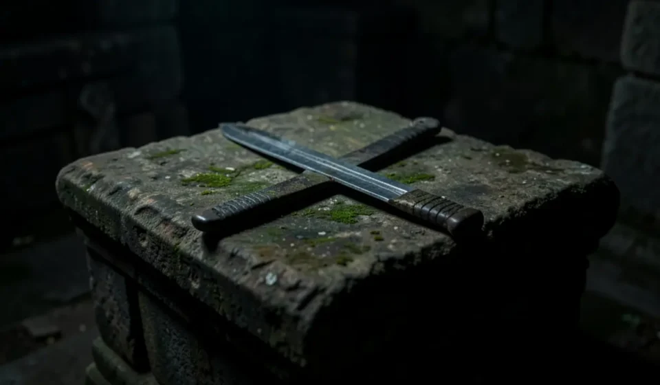 Altar de pedra com espada, simbolizando a justiça bíblica.