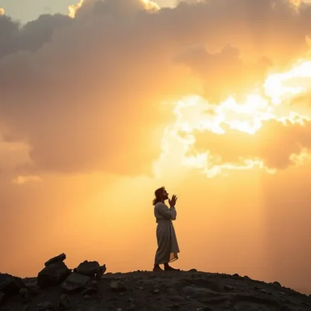 Homem em oração sob luz divina, simbolizando Amós 4:12