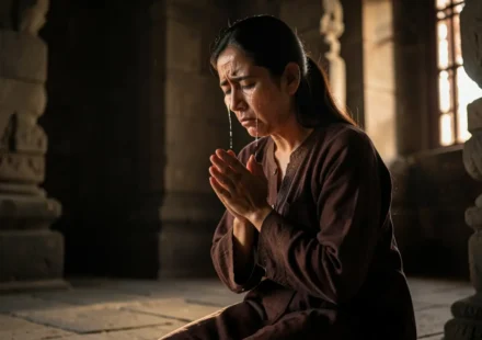 Mulher orando com aflição de alma em um templo antigo