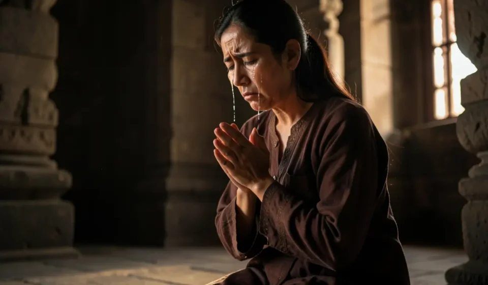 1 Samuel 1:10: A Profunda Aflição da Alma e a Resposta de Deus Mulher orando com aflição de alma em um templo antigo