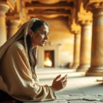 Mulher orando no templo, com expressão de fé e esperança.