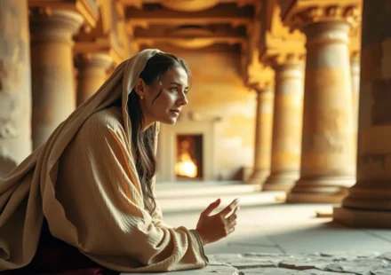 Mulher orando no templo, com expressão de fé e esperança.