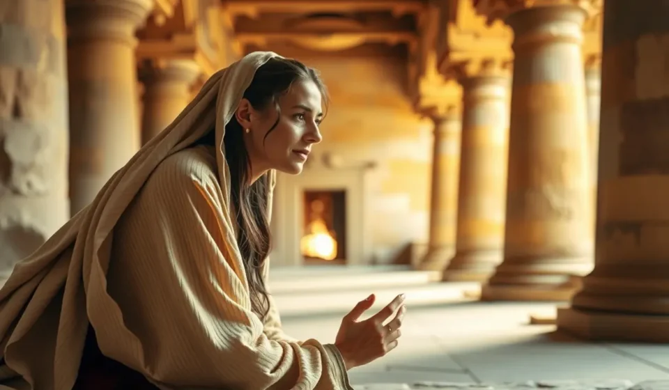 Mulher orando no templo, com expressão de fé e esperança.