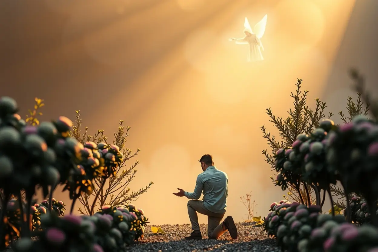 Pessoa orando em um jardim de murteiras com anjo intercedendo.