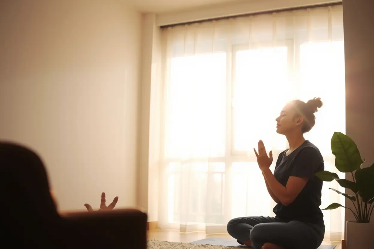 Pessoa em meditação matinal, aplicando o princípio do descanso.