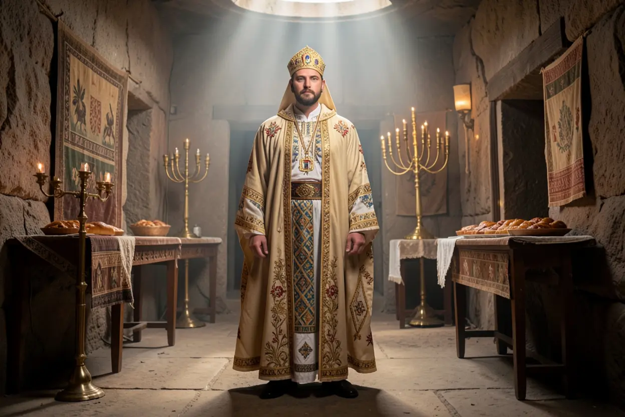 Arão em vestes sacerdotais no Tabernáculo