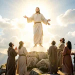 Jesus Cristo ascendendo ao céu com discípulos observando.