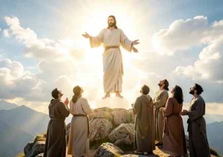 Jesus Cristo ascendendo ao céu com discípulos observando.