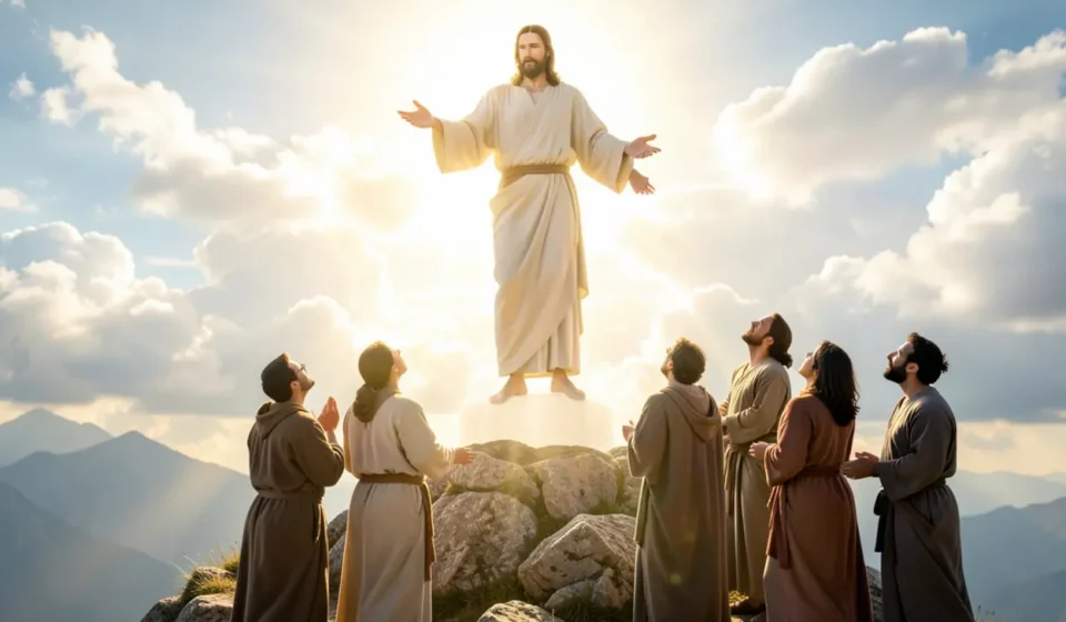 Jesus Cristo ascendendo ao céu com discípulos observando.