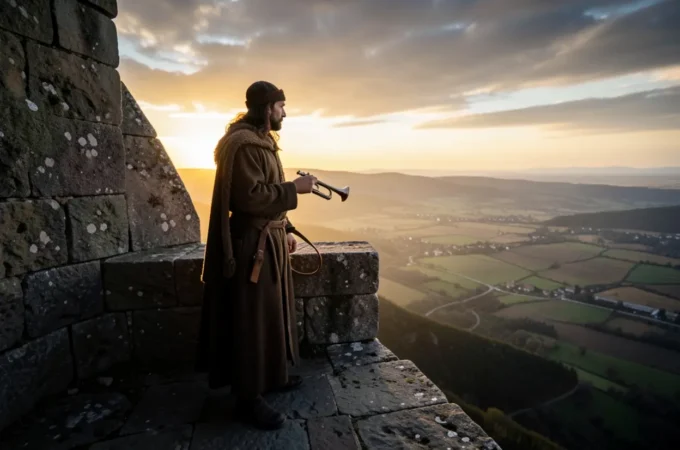 Homem em torre de vigia, simbolizando a responsabilidade do atalaia.