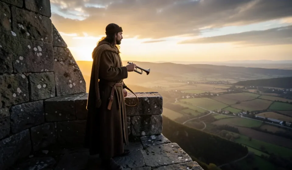 Homem em torre de vigia, simbolizando a responsabilidade do atalaia.