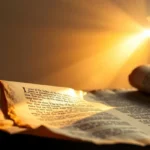 Pergaminho antigo iluminado, simbolizando Atos 1:1 e a ascensão de Jesus.