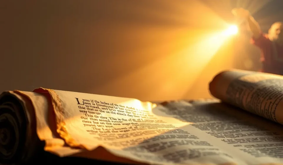 Pergaminho antigo iluminado, simbolizando Atos 1:1 e a ascensão de Jesus.