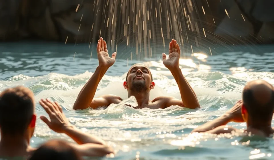 Pessoa sendo batizada, representando a aliança com Deus.