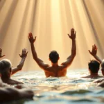 Pessoa sendo batizada, simbolizando batismo e arrependimento.