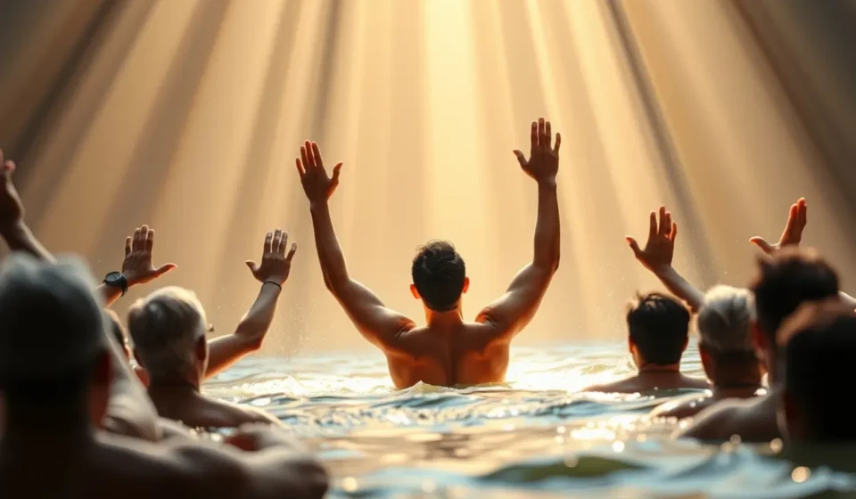 Pessoa sendo batizada, simbolizando batismo e arrependimento.