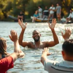 Pessoa sendo batizada em rio, representando o **significado espiritual do batismo**.