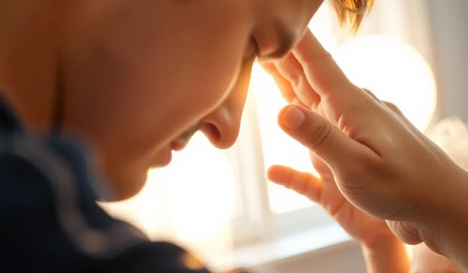 Pai abençoando filho com a mão na cabeça