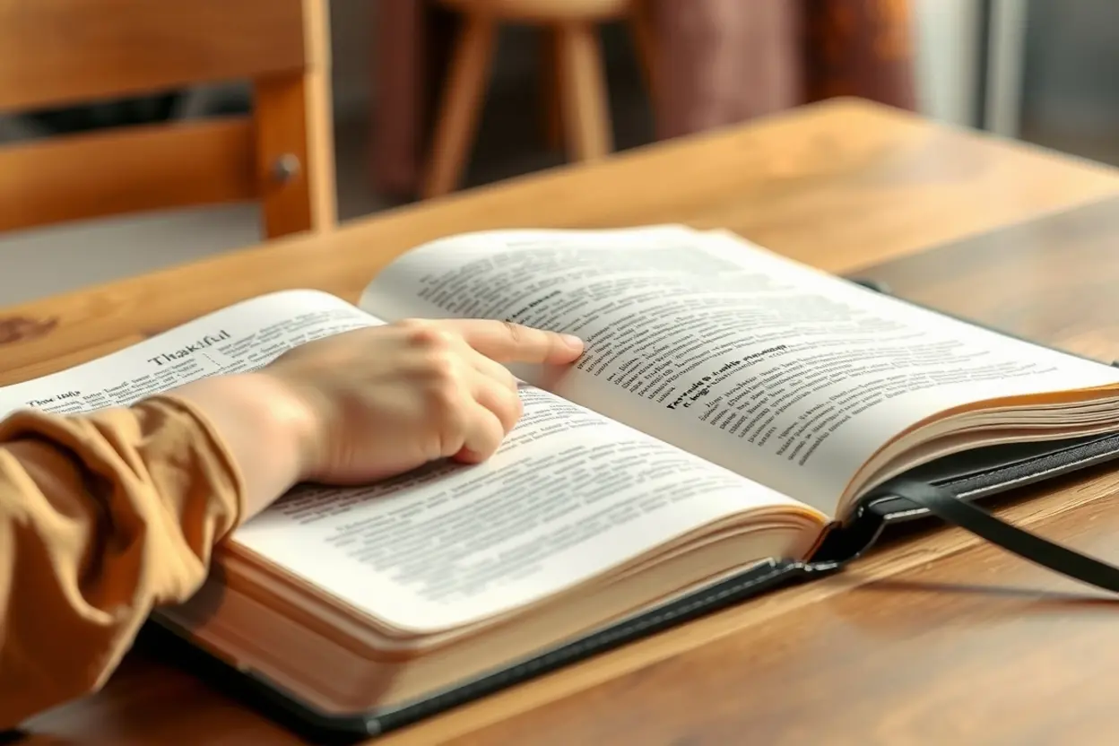 Mão de criança apontando para versículo bíblico sobre gratidão.
