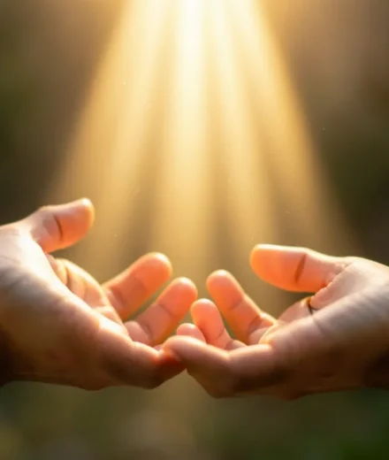 Mãos abertas recebendo luz dourada, simbolizando a bondade divina.
