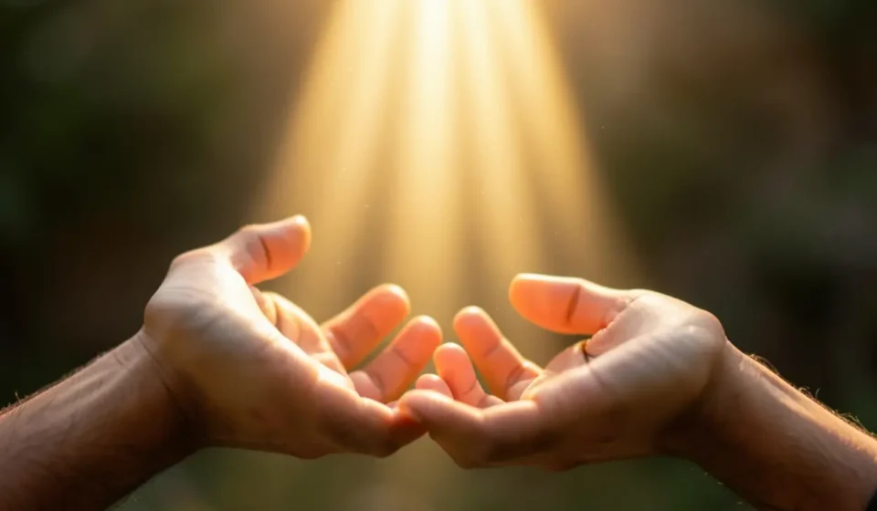 Mãos abertas recebendo luz dourada, simbolizando a bondade divina.