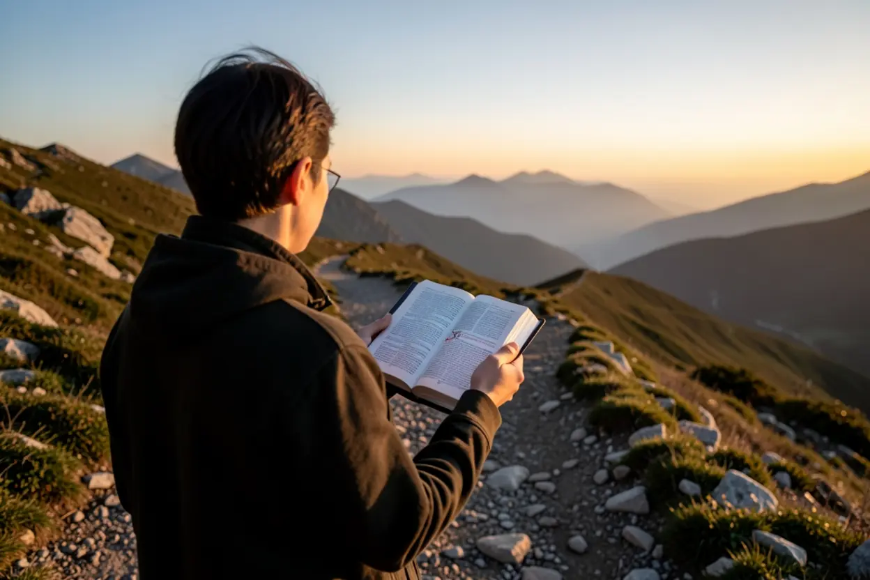Pessoa em um caminho segurando uma Bíblia aberta como guia.