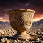 Cálice antigo em deserto rochoso sob céu dramático.