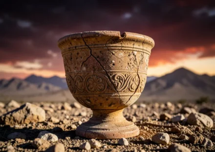 Cálice antigo em deserto rochoso sob céu dramático.