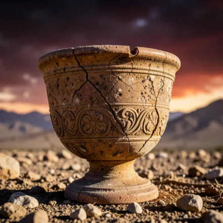 Cálice antigo em deserto rochoso sob céu dramático.
