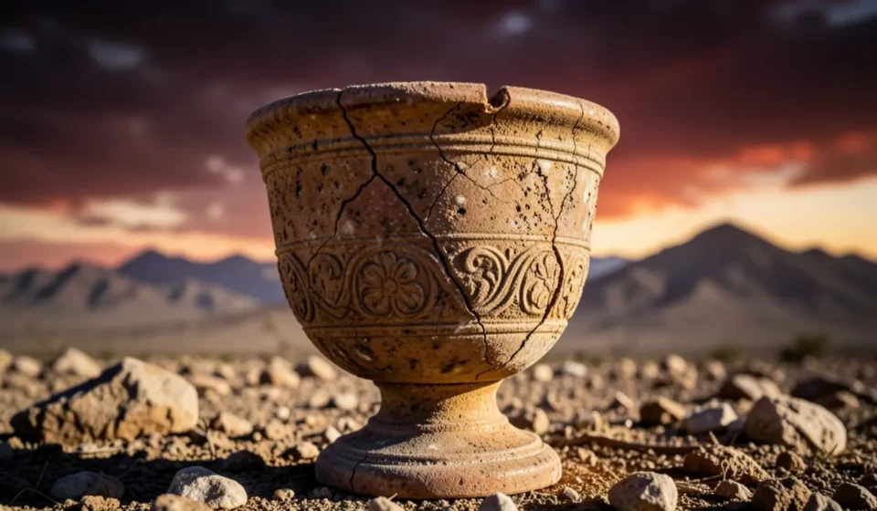 Cálice antigo em deserto rochoso sob céu dramático.