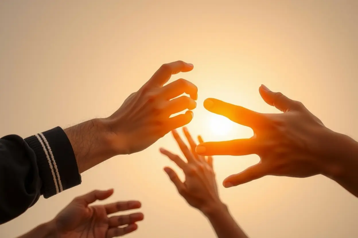 Mãos se ajudando, simbolizando a superação da alegria na desgraça alheia.