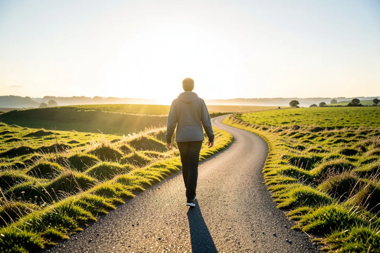 Pessoa caminhando em um caminho iluminado com propósito.