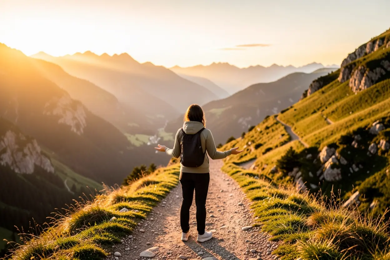 Caminho de Restauração Pessoa em montanha, simbolizando a jornada de fé e restauração.