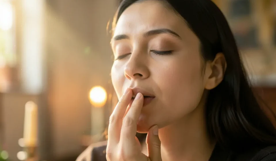 Pessoa em oração, simbolizando o beijo divino de Cantares 1:2.