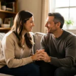 **Diálogo no lar cristão**: casal conversando com amor.